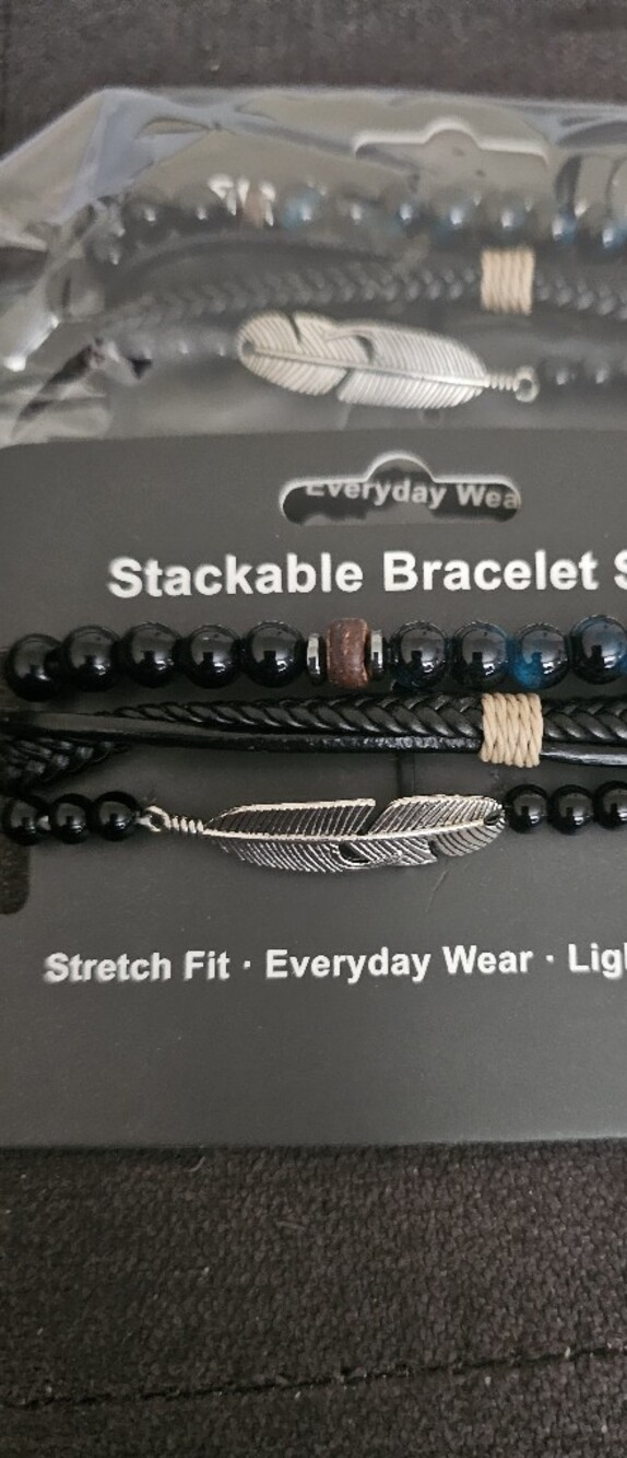 Feather Charm Black Stackable Bracelet Set